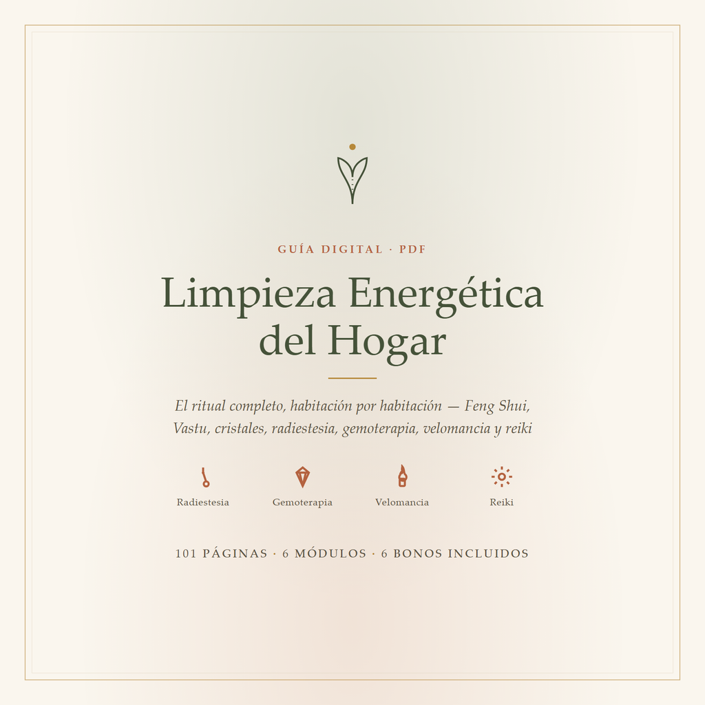 Portada — Limpieza Energética del Hogar: guía digital, 101 páginas, Feng Shui, Vastu, radiestesia, gemoterapia, velomancia y reiki